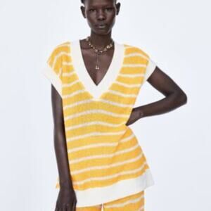 Zara Sweater Vest Oversized Striped Yellow Size Small NEW